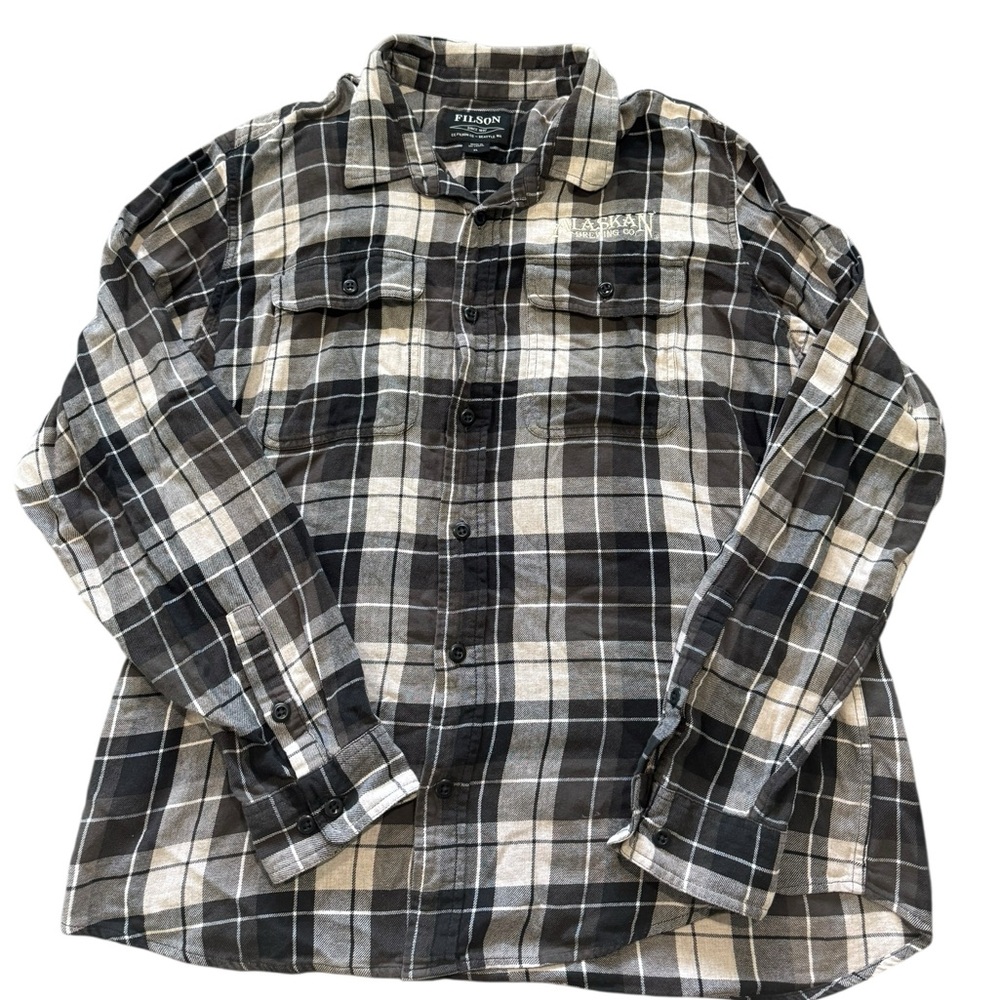 EUC Filson Gray and Black Plaid flannel Alaskan Brewing Co Button Down Shirt